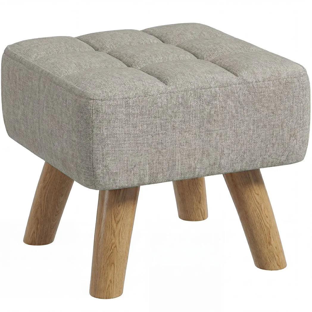 HOMCOM Linen-Look Square Padded Footstool with Wooden Legs – Leg Rest & Vanity Stool, Light Brown