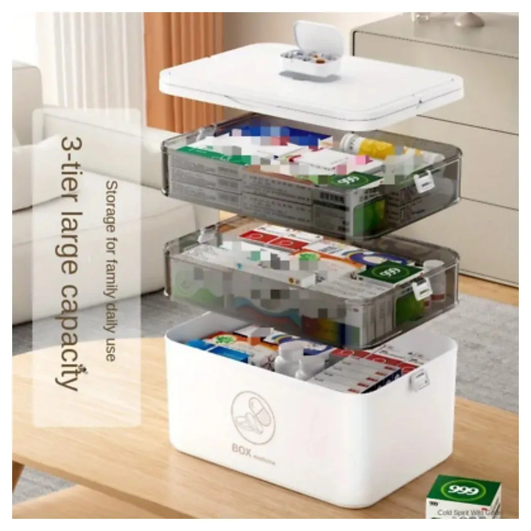 3-Tier Medicine Storage Box – Large Capacity Dustproof Organiser with Compartments, Clear and White