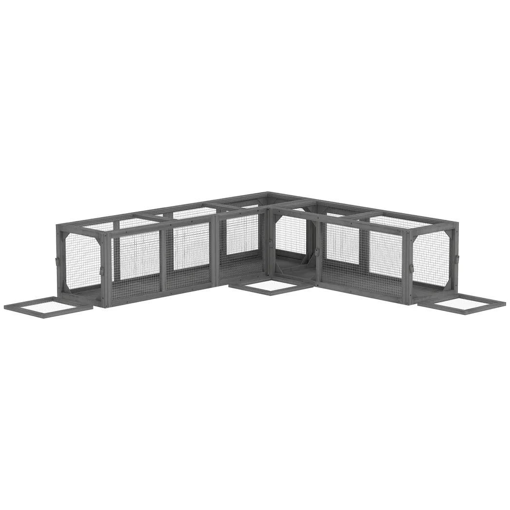 PawHut 250cm Extra Long Wooden Cat Tunnel with 8 Doors – L-Shape or Rectangle Outdoor Cat Enclosure, Dark Grey