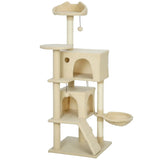 PawHut 140cm Large Cat Tree Tower with Sisal Scratching Posts, Plush Perches, Hammock & Cat Houses, Beige