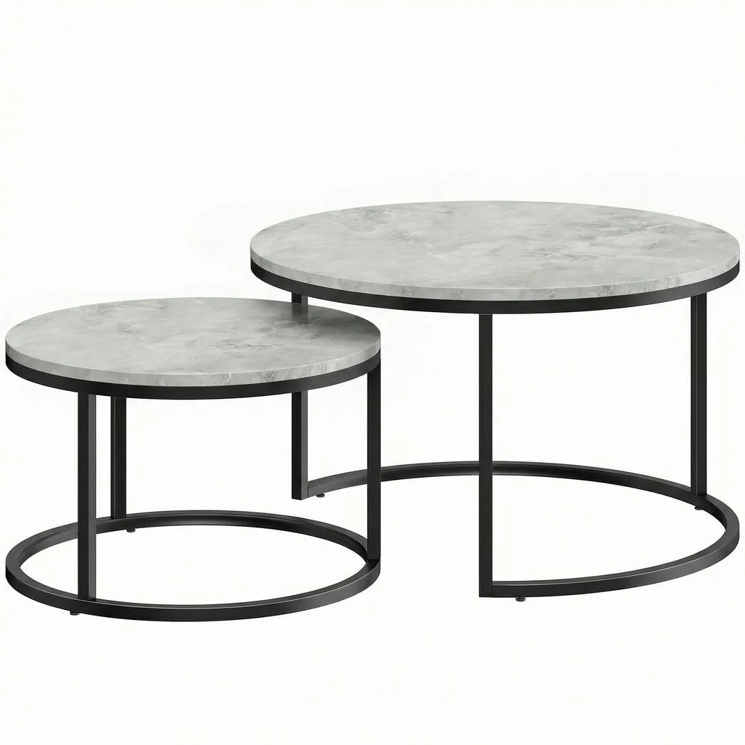 HOMCOM Set of 2 Round Nesting Coffee Tables with Marble-Effect Top & Steel Frame – Stacking Side Tables, Grey