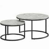 HOMCOM Set of 2 Round Nesting Coffee Tables with Marble-Effect Top & Steel Frame – Stacking Side Tables, Grey