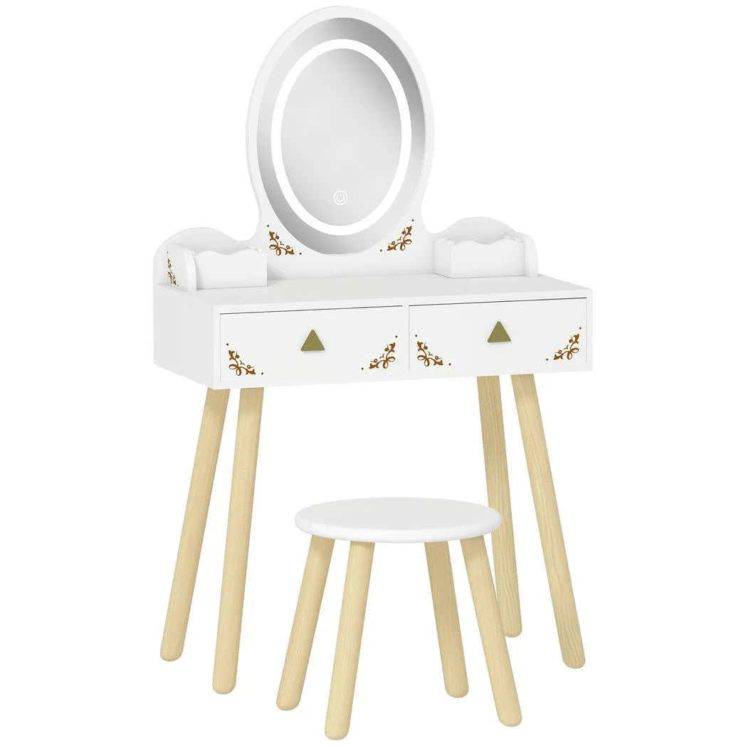 AIYAPLAY Kids Vanity Table and Chair Set with 3-Colour LED Mirror & Drawers – 2-in-1 Dressing Table & Desk, White
