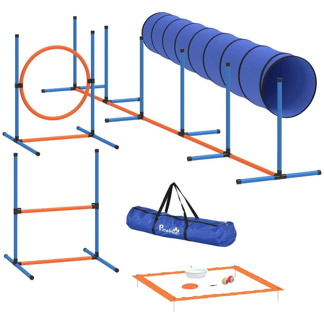 PawHut 8-Piece Dog Agility Training Set with Tunnel, Weave Poles, Adjustable Hurdles and Jump Ring