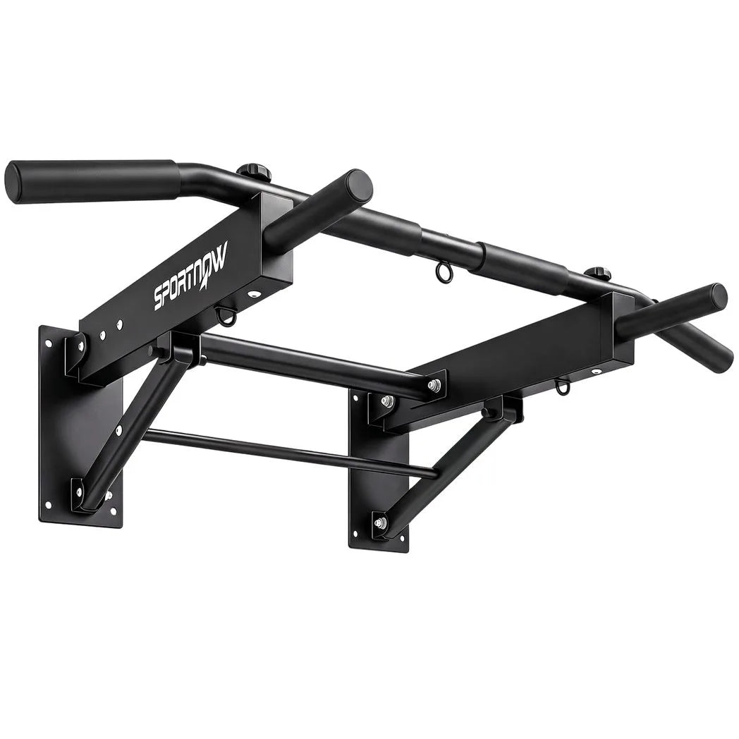 SPORTNOW Wall Mounted Folding Pull Up Bar with 3 Band Hooks – 120kg Steel Chin Up Bar for Home Gym, Black