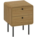 HOMCOM Bedside Table with 2 Drawers and Steel Legs – Rounded Nightstand for Bedroom and Living Room, Oak