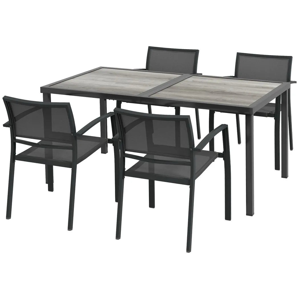 Outsunny Five-Piece Outdoor Dining Set with Wood-Effect Table and 4 Stackable Chairs – Garden Furniture, Grey
