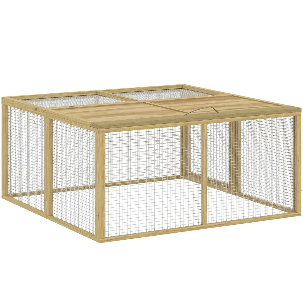 PawHut Wooden Folding Rabbit Hutch for 2–3 Rabbits with Built-In Handle – Outdoor Guinea Pig Run, Natural Wood