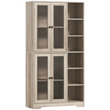 HOMCOM Multi-Storage Kitchen Cabinet with Glass Doors, Soft-Close Hinges and Adjustable Shelves – Grey Wood-Effect