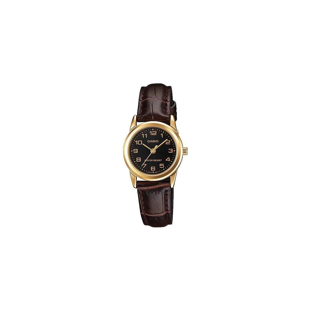 Casio Ladies Analogue Watch, Black Dial, Gold-Tone Case, Brown Leather Strap, 25mm