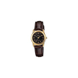 Casio Ladies Analogue Watch, Black Dial, Gold-Tone Case, Brown Leather Strap, 25mm