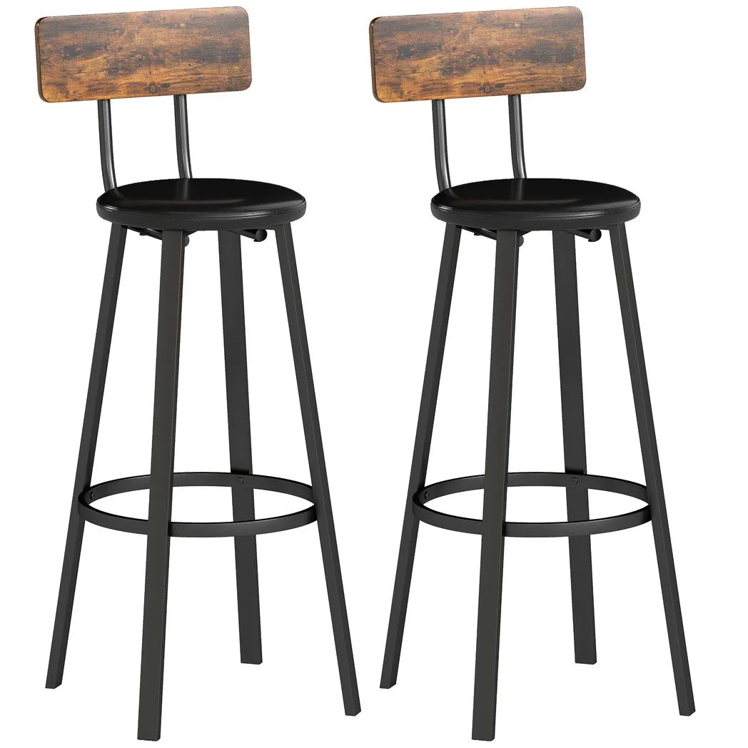 HOMCOM Set of 2 Industrial-Style Bar Stools with Metal Frames and Faux Leather Seats – Brown/Black