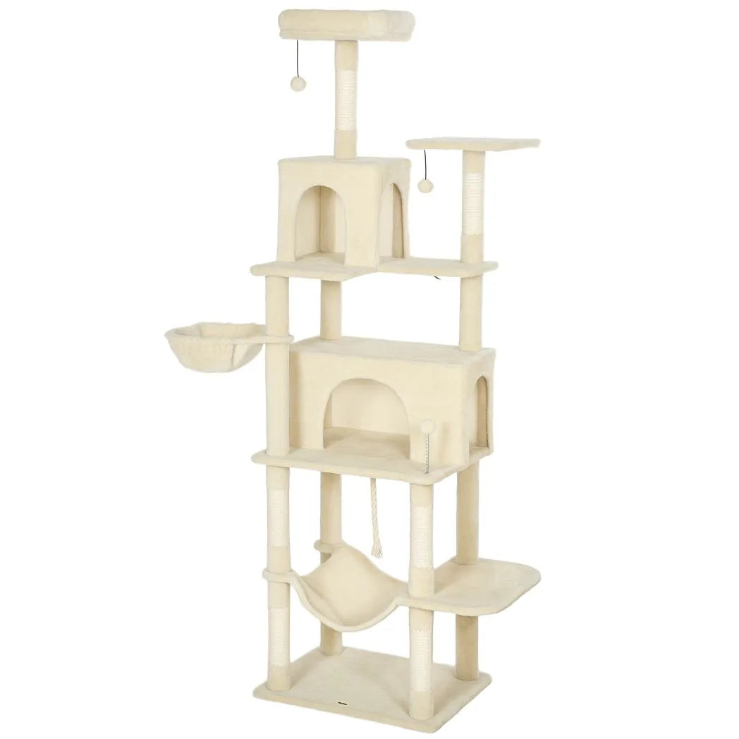 PawHut 202cm Cat Tree with 6 Scratching Posts, 2 Hammocks and 2 Condos – Cat Tower, Beige