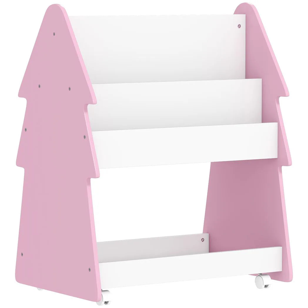AIYAPLAY Kids Bookshelf with Toy Storage, Double-Sided 3-Tier Bookcase on Wheels – Bedroom Book Rack, Pink