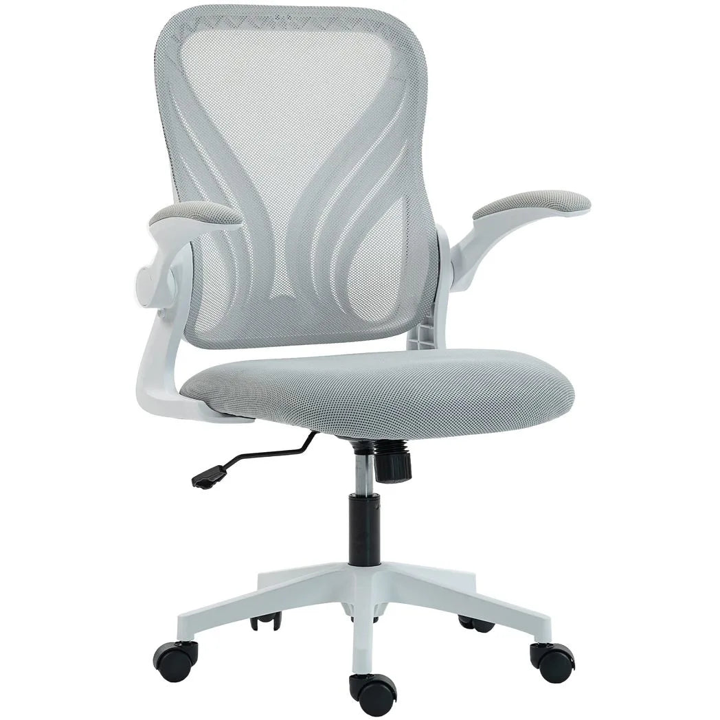HOMCOM Mesh Office Chair with Foldable Backrest & Flip-Up Arms – Space-Saving Computer Desk Chair, Light Grey