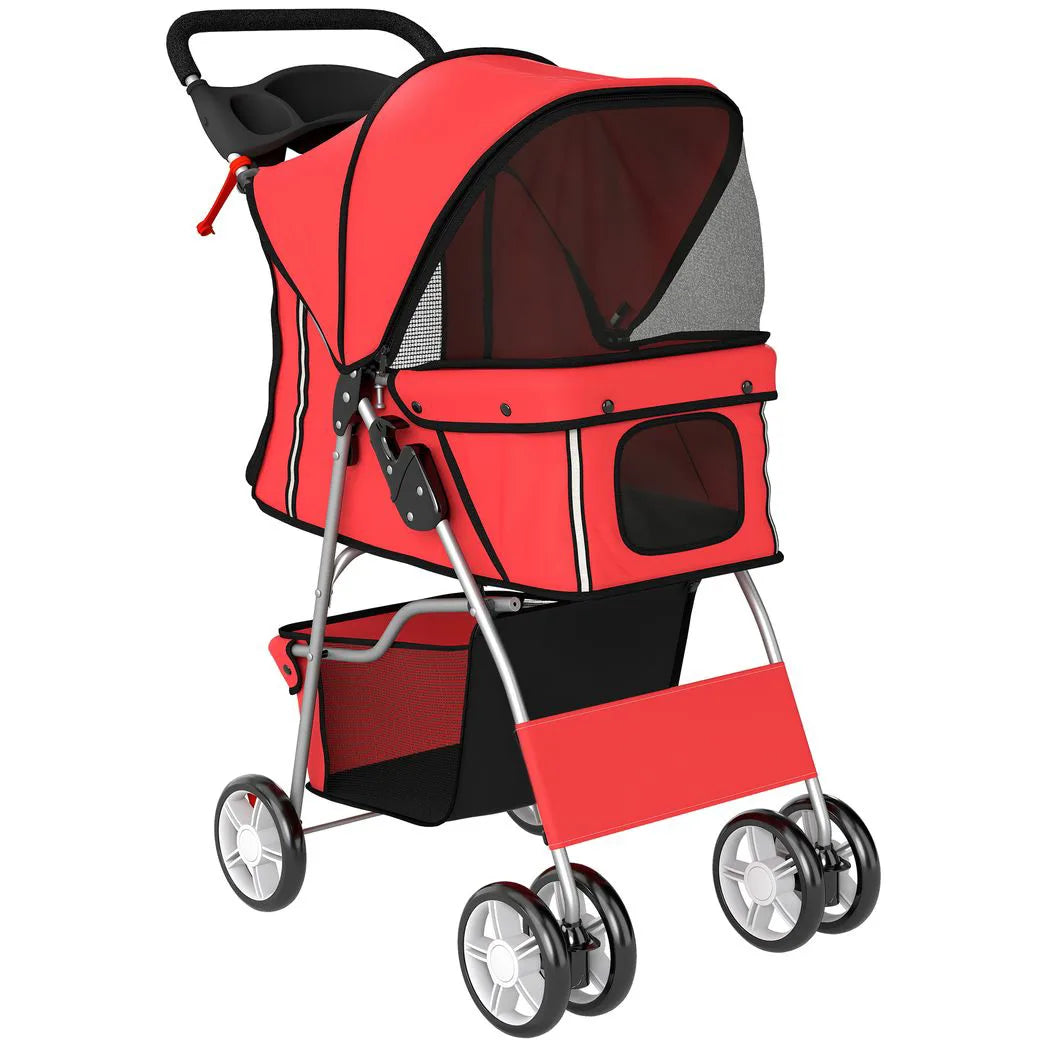 PawHut Dog Pram Pet Stroller with Reflective Strips and 360° Swivel Wheels – Foldable Travel Buggy, Red