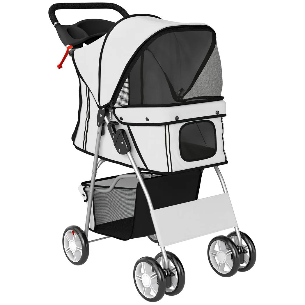 PawHut Dog Pram with Reflective Strips and 360° Swivel Wheels – Foldable Pet Stroller, Grey