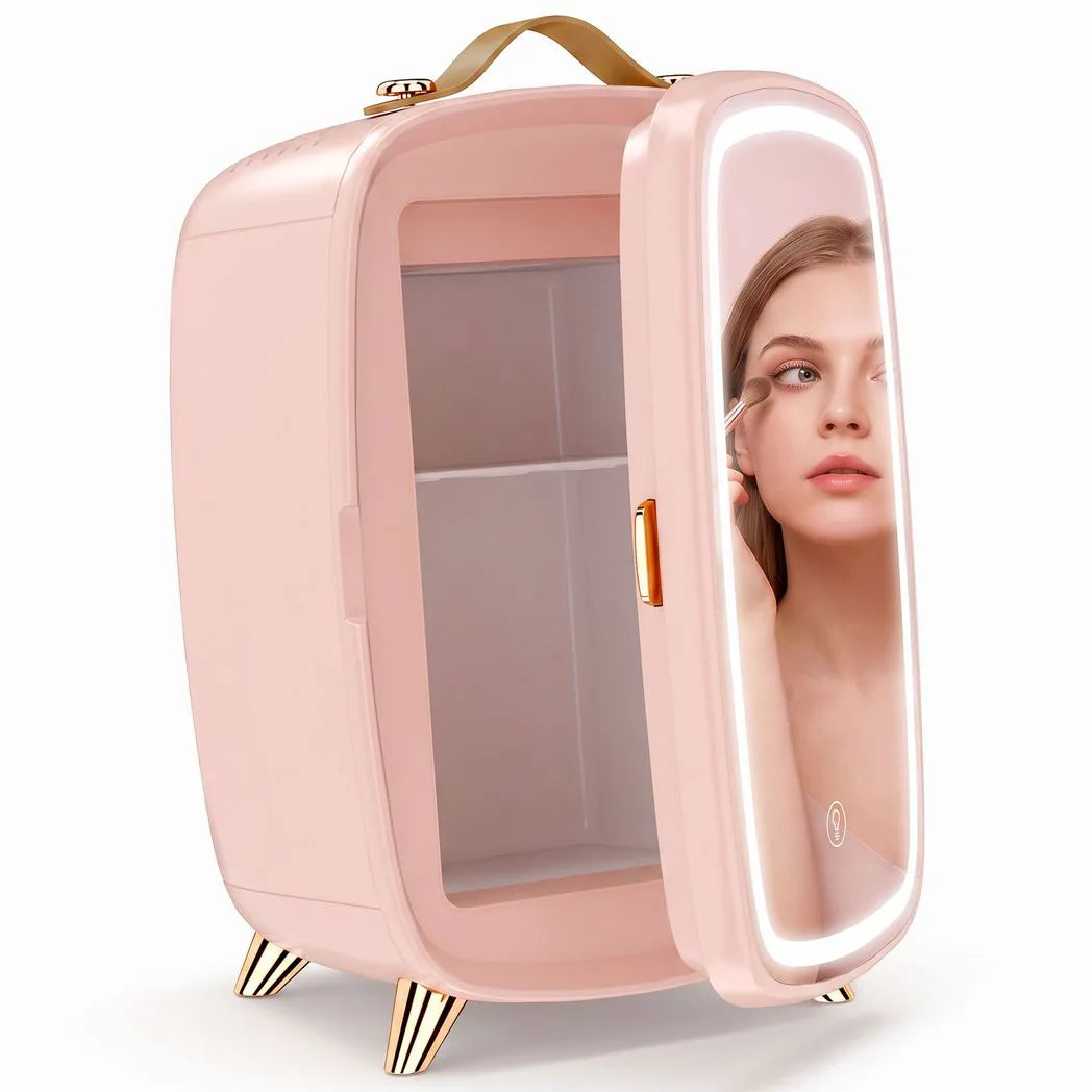 HOMCOM 6L Mini Skincare Fridge with LED Mirror and Touchscreen, Quiet 26dB Cooling – Pink