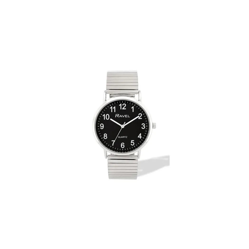 Ravel Men's Everyday Black Dial Watch with Silver Stainless Steel Expander Bracelet, 36mm
