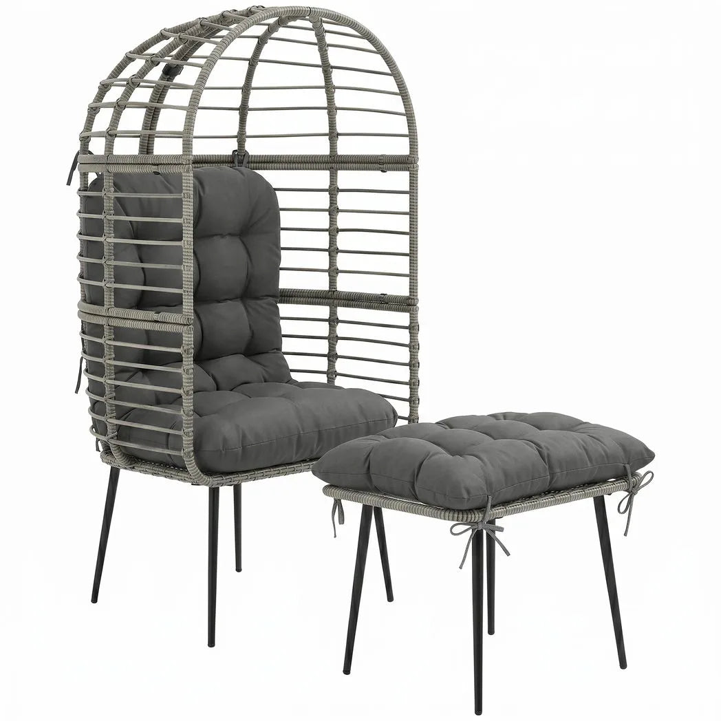 Outsunny Garden Egg Chair with Footstool, PE Rattan Indoor Outdoor Lounge Set with Thick Cushions – Light Grey