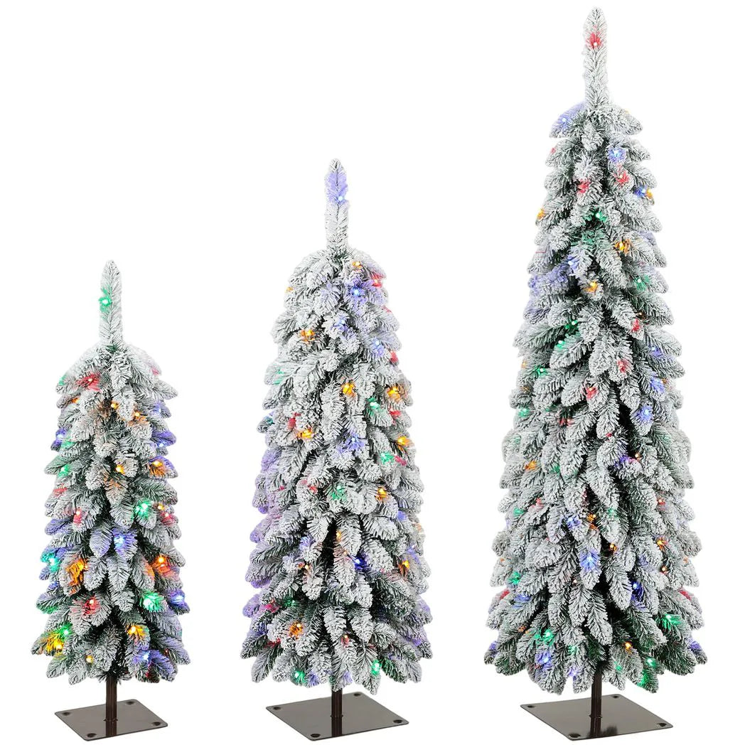 HOMCOM Set of 3 Snowy Pre-Lit Pencil Christmas Trees, 90, 120 and 150 cm, Multicolour Lights