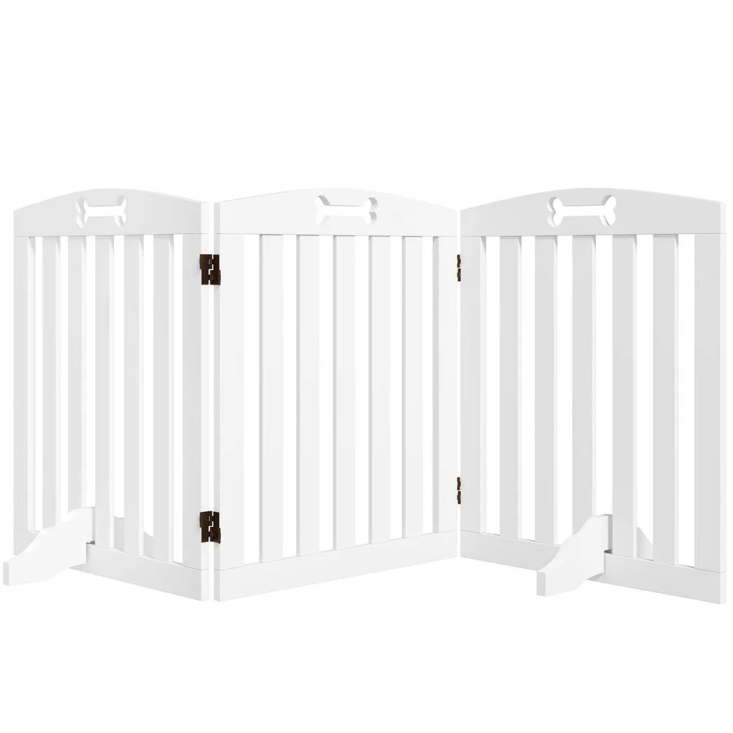 PawHut Freestanding Wooden Dog Gate with Support Feet – 155cm Foldable Three-Panel Barrier, White