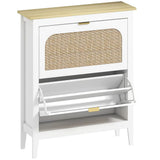 HOMCOM Boho Slim Shoe Cabinet with 2 Flip Drawers and Rattan Doors – Holds 14 Pairs, White