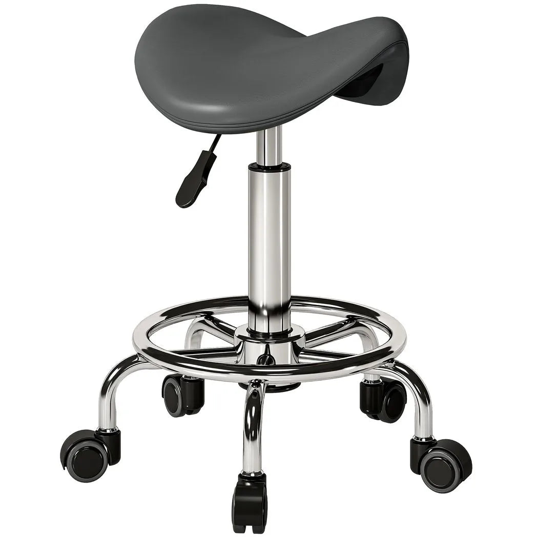 HOMCOM Salon Saddle Stool with Adjustable Height & Swivel Wheels – Massage, Spa & Beauty Chair, Grey
