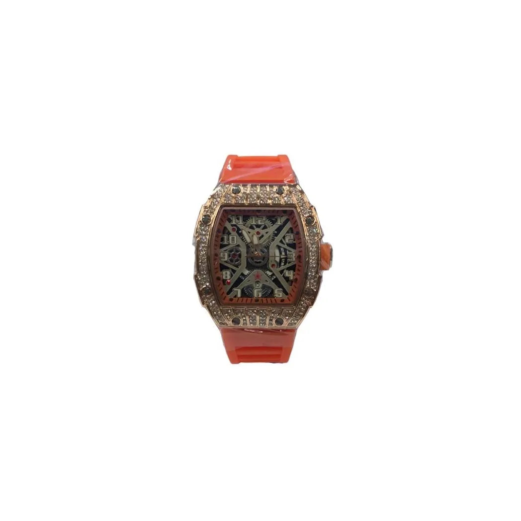 Longbo Gents Quartz Skeleton Watch with Clear Dial & Orange Rubber Strap – Rose Bling Fashion Wristwatch