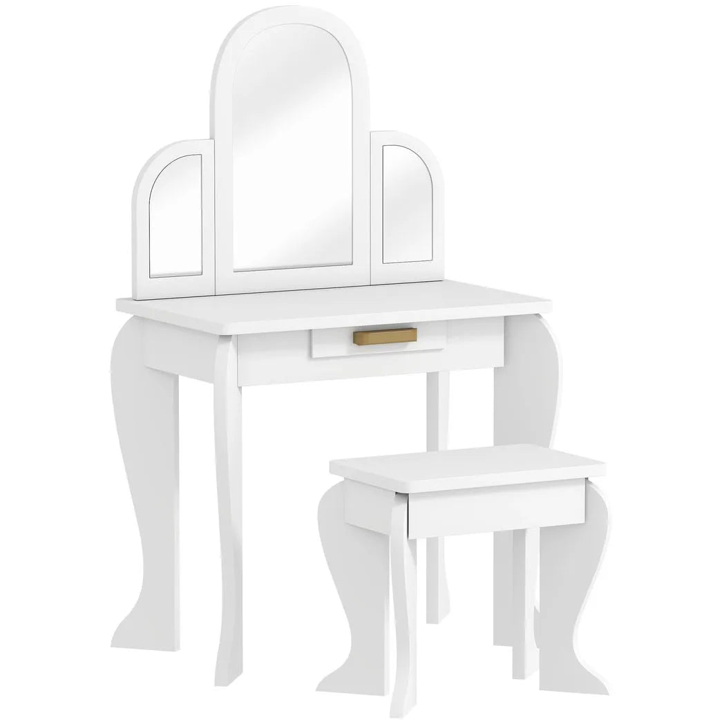 HOMCOM Kids Dressing Table and Stool Set with Mirror & Storage Drawer – Girls Vanity Table, Ages 3-6, White