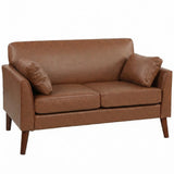 HOMCOM 2 Seater Sofa, 132 cm Small Loveseat with Solid Wood Legs and 2 Pillows – PU Leather Couch for Small Spaces, Brown
