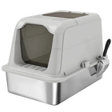 PawHut Extra Large Stainless Steel Enclosed Cat Litter Box with Scoop – Front-Entry and Top-Exit Tray