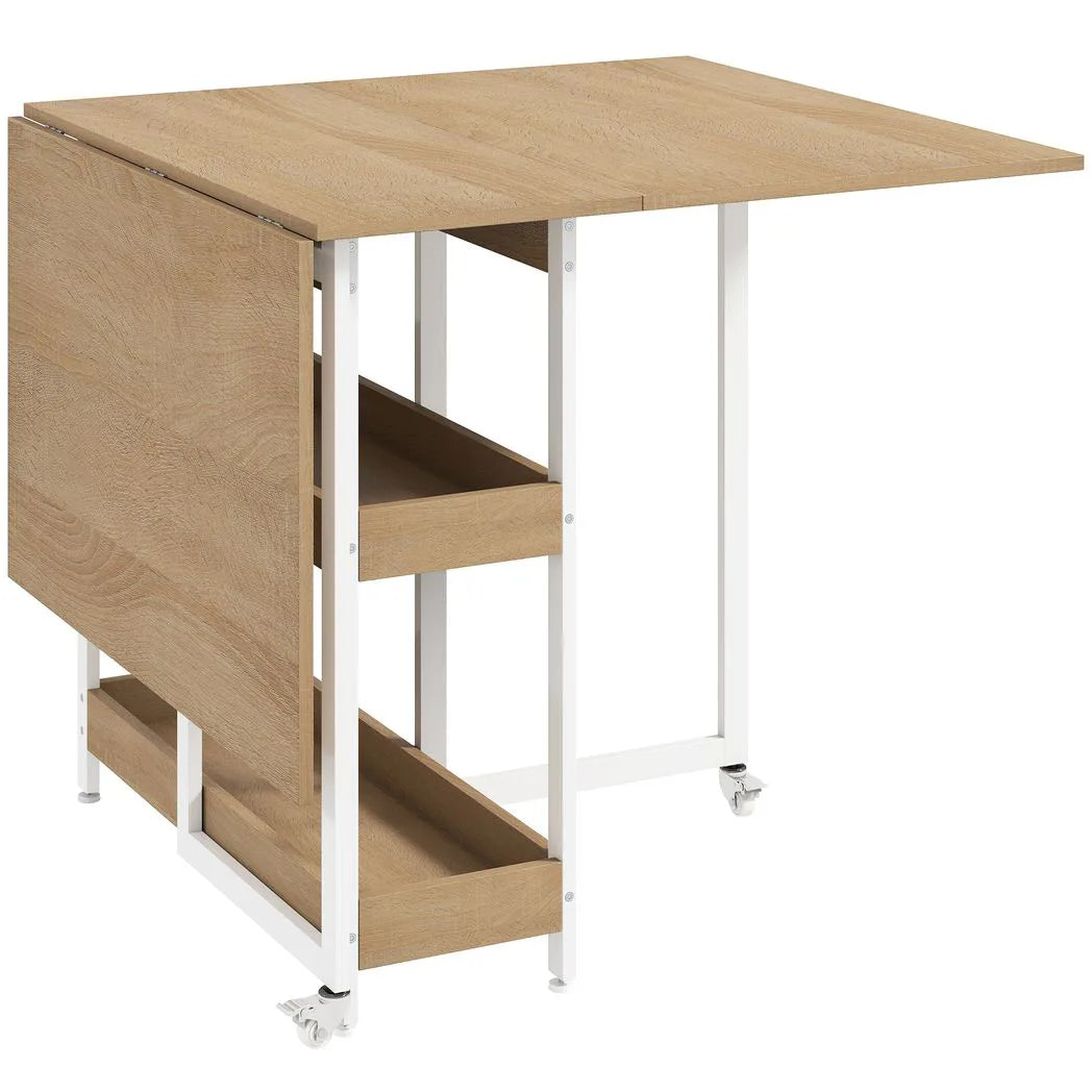 HOMCOM Four-Person Drop Leaf Dining Table with 2 Shelves and Wheels – Space-Saving, Wood-Effect