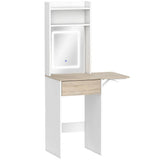 HOMCOM Small Vanity Desk with LED Mirror, Drop Leaf, Open Shelves and Drawer – Compact Dressing Table, White