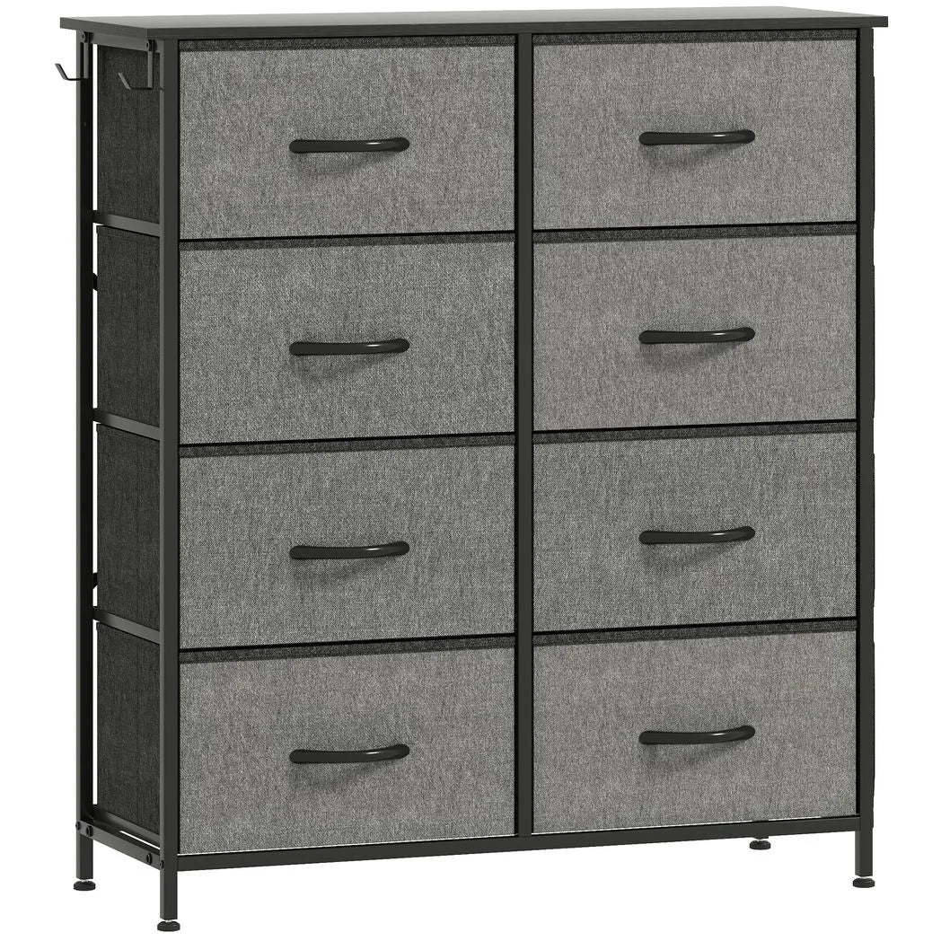 HOMCOM Chest of 8 Fabric Drawers with Steel Frame, Pockets & Hooks – Bedroom Storage, Charcoal Grey