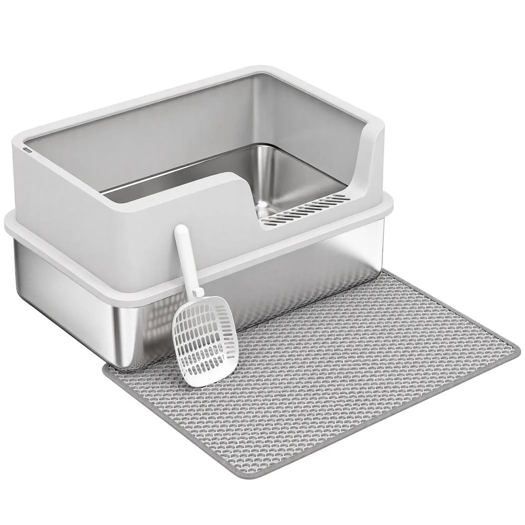 PawHut XL Stainless Steel Cat Litter Tray with Lid, Scoop and Mat – High-Sided Litter Box, Light Grey
