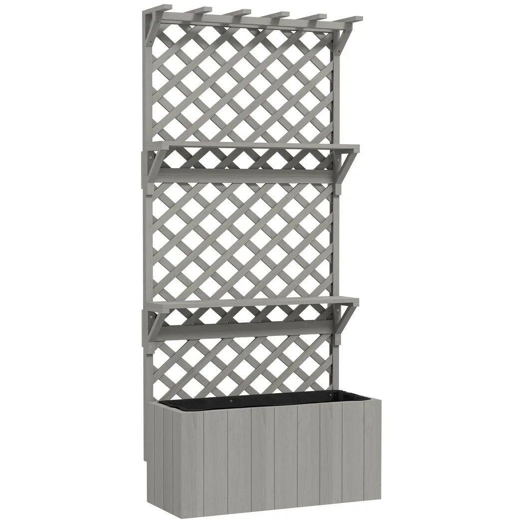 Outsunny 52L Wooden Planter with 146.5cm Trellis and Two Shelves – Raised Garden Bed for Climbers, Grey