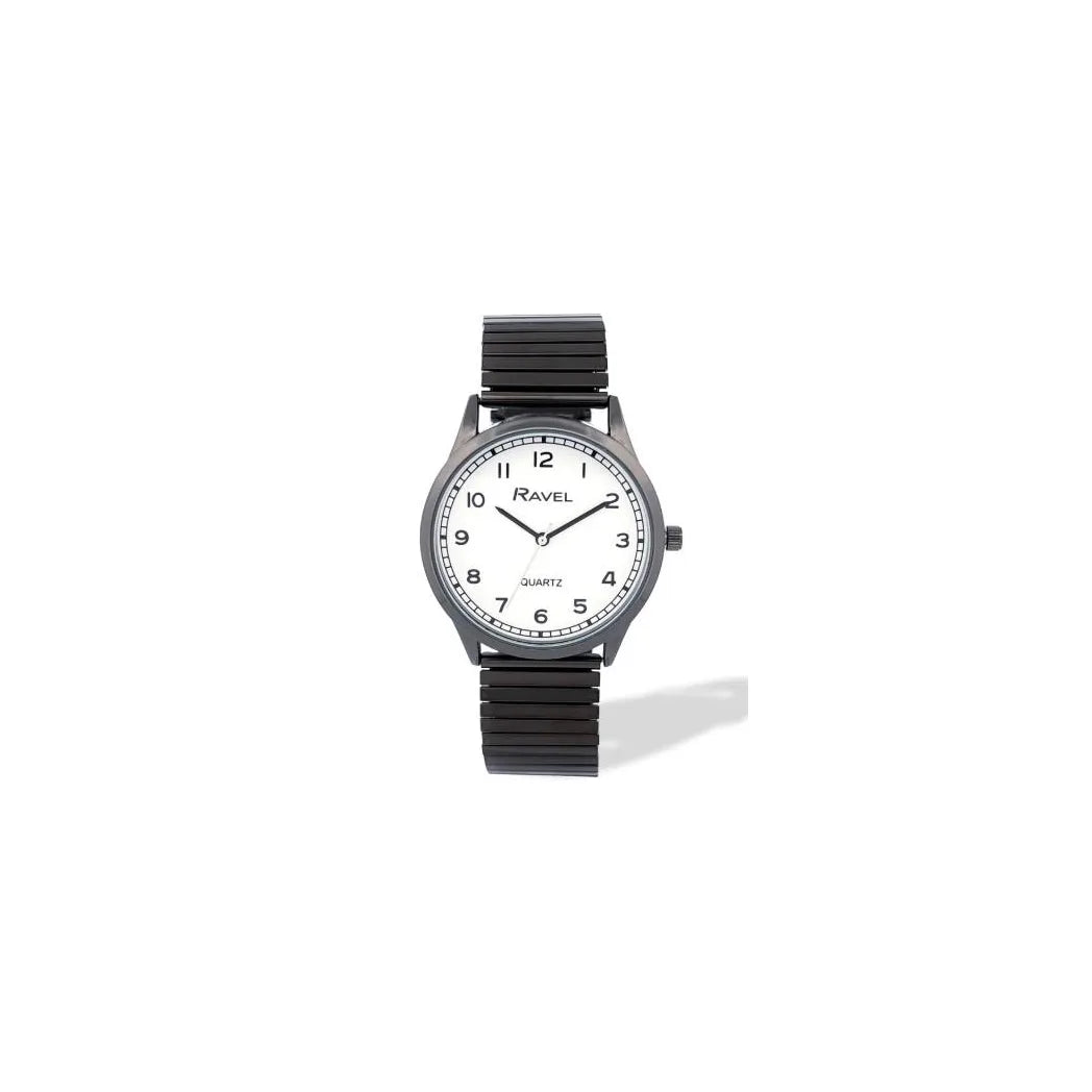 Ravel Men's Easy Read White Dial Watch with Minute Track and Black Stainless Steel Expander Bracelet, 36mm