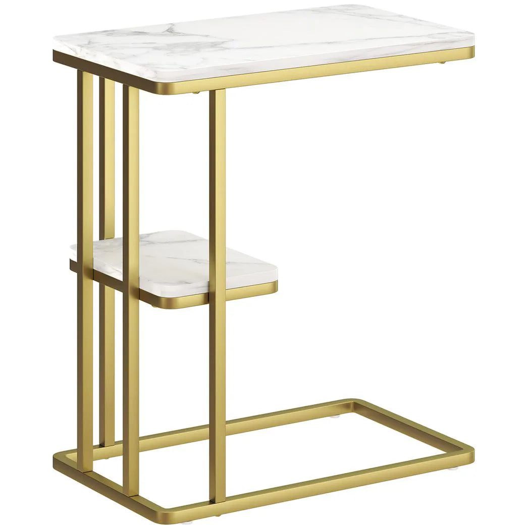 HOMCOM C-Shaped Narrow Side Table with 2-Tier Storage – Slim Sofa Table or Nightstand, White Marble Effect
