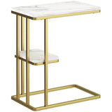 HOMCOM C-Shaped Narrow Side Table with 2-Tier Storage – Slim Sofa Table or Nightstand, White Marble Effect