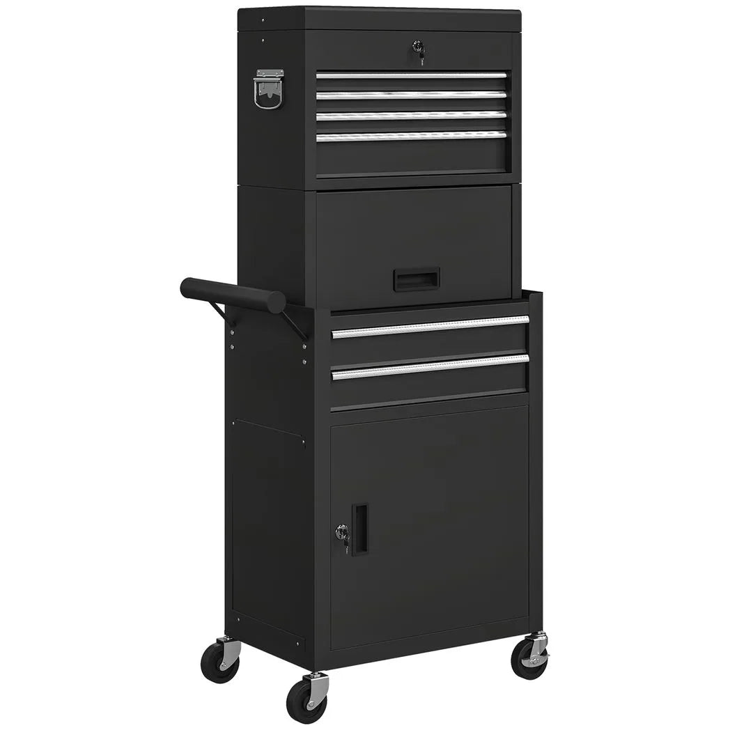 HOMCOM Three-Part Steel Locking Tool Chest with Wheels, 6 Drawers and Side Pegboard – Garage Storage, Black