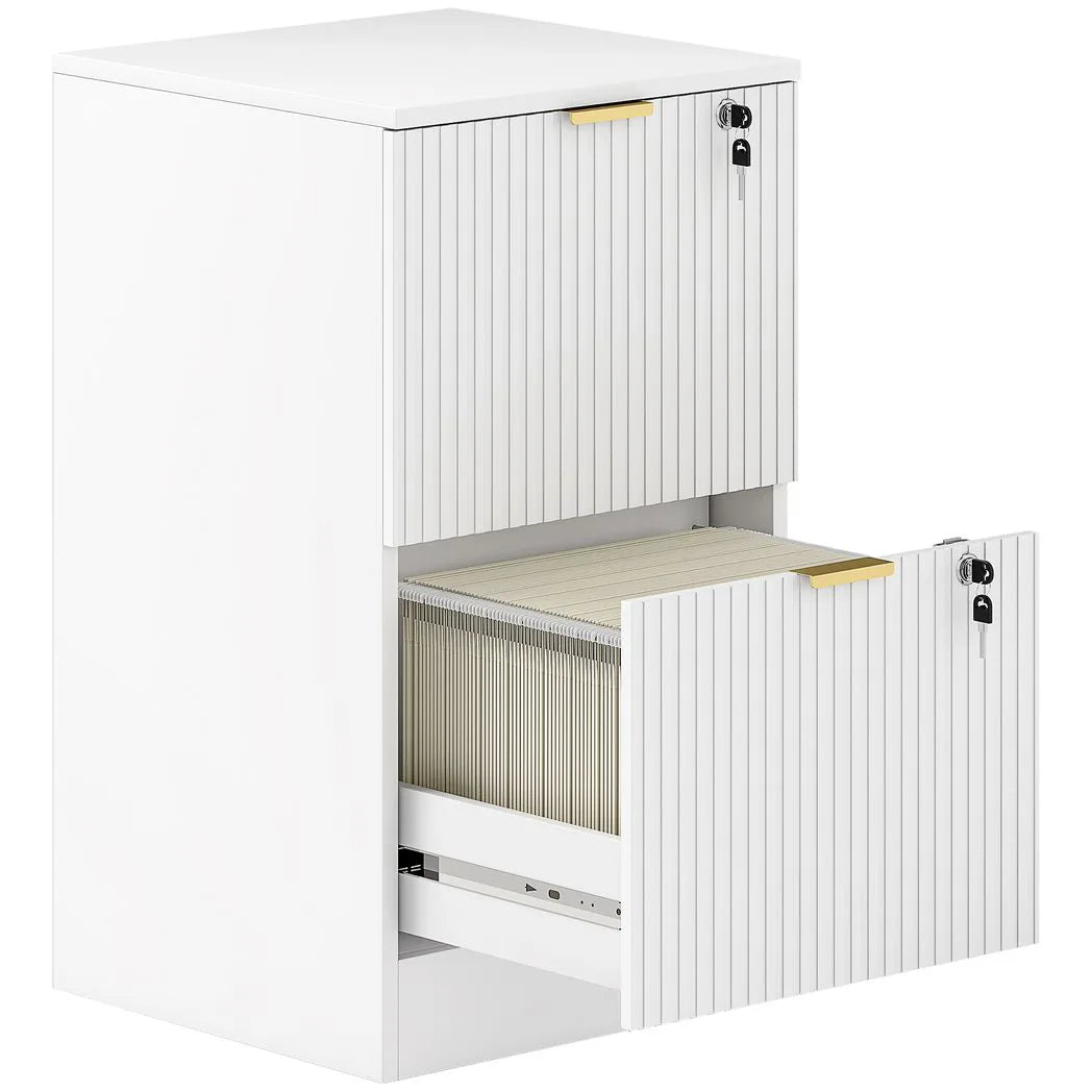 HOMCOM Filing Cabinet with 2 Lockable Drawers, Hanging Rails & Fluted Fronts – Home Office Storage, White