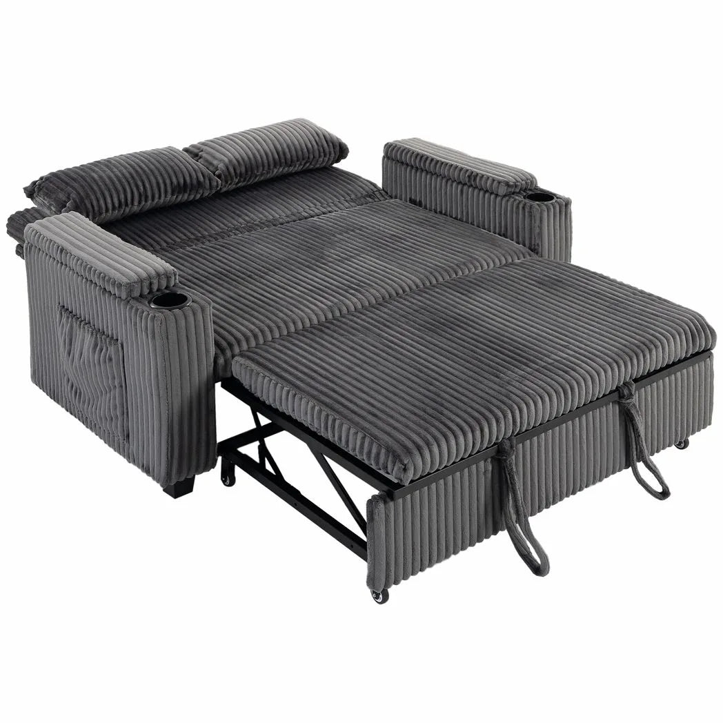 HOMCOM 2 Seater Sofa Bed with 5-Position Backrest, Storage Armrest and Cup Holders – Corduroy Sleeper, Dark Grey