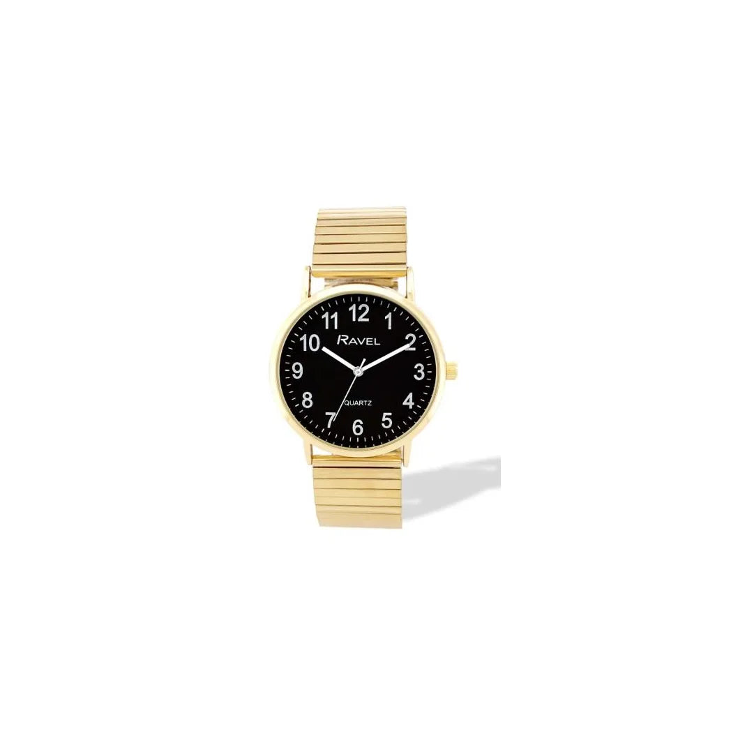 Ravel Men's Everyday Black Dial Watch with Gold-Tone Stainless Steel Expander Bracelet, 36mm