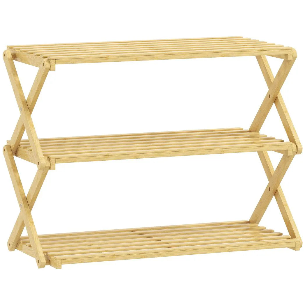 HOMCOM 3-Tier Folding Bamboo Shoe Rack – Holds 9 Pairs, No Assembly, Natural
