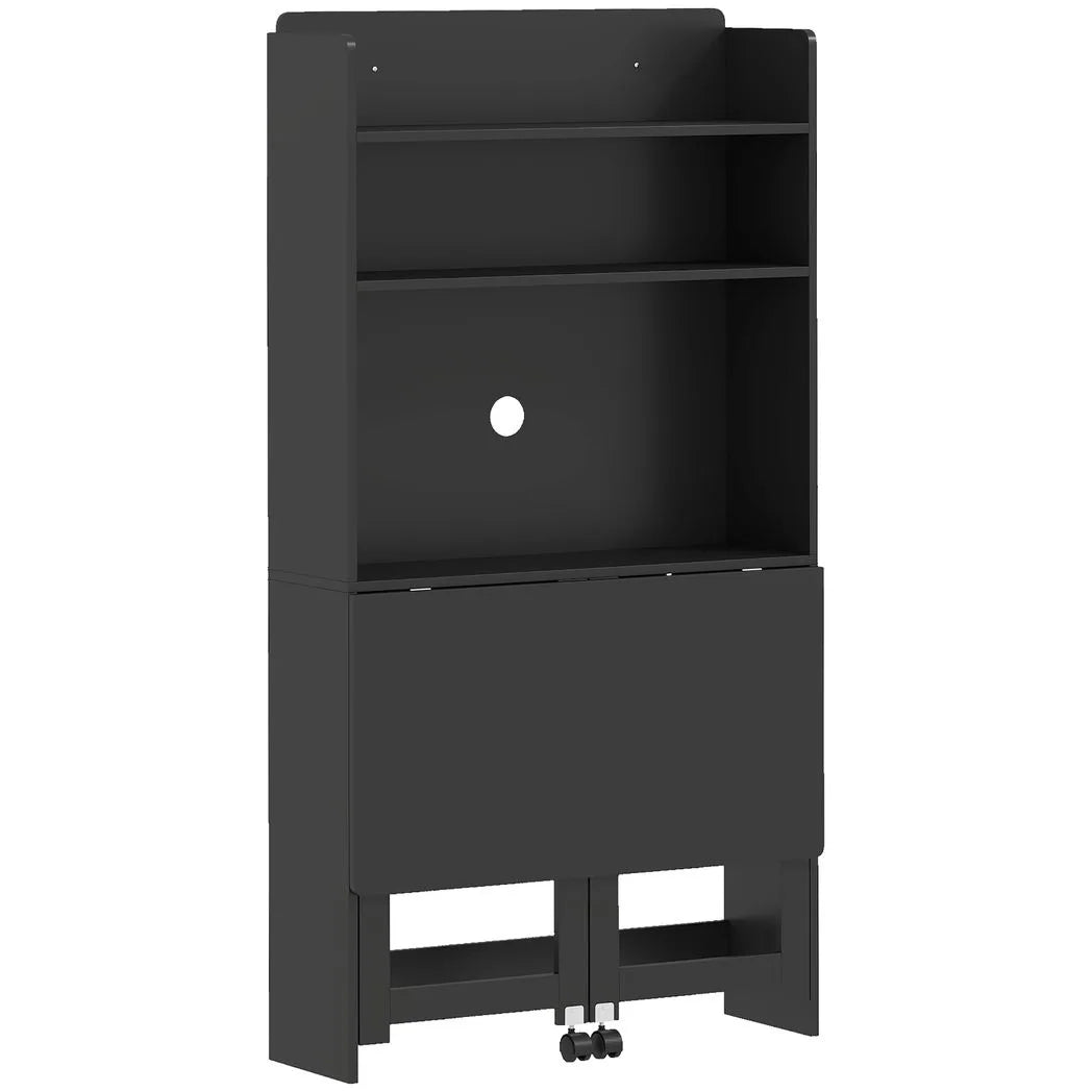 HOMCOM Foldable Computer Desk with 4 Storage Shelves and Wheels – Space-Saving Home Office Workstation, Black