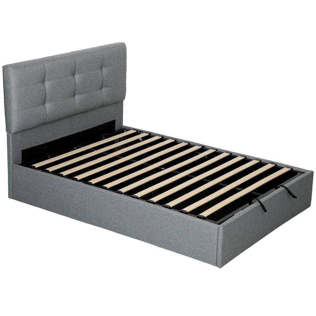 HOMCOM 4ft6 Double Ottoman Bed with Gas Lift Storage and Tufted Headboard – Linen-Look Bed Frame, Grey