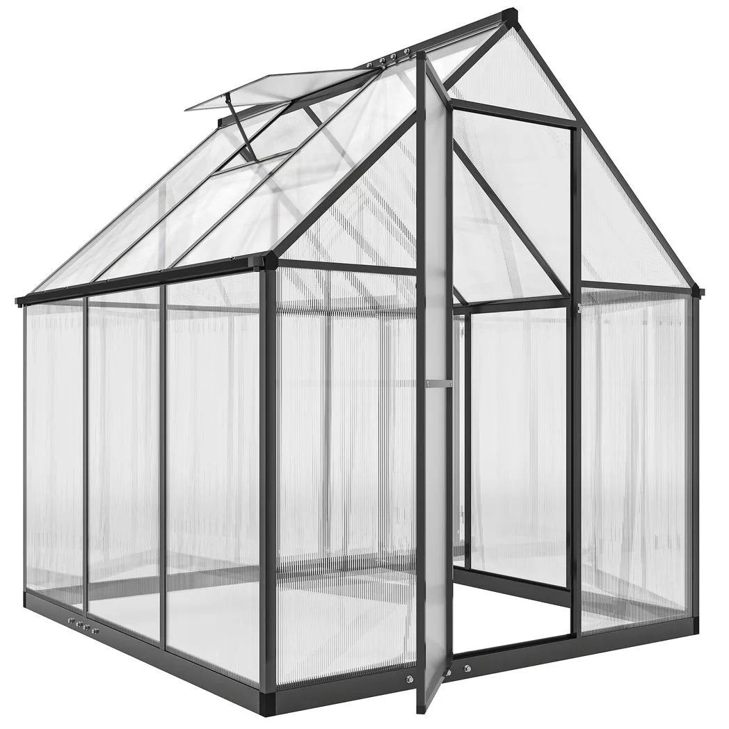 Outsunny 6 x 5.5ft Polycarbonate Greenhouse with Push Door, Roof Vent & Rain Gutter – Walk-In Garden Greenhouse, Black