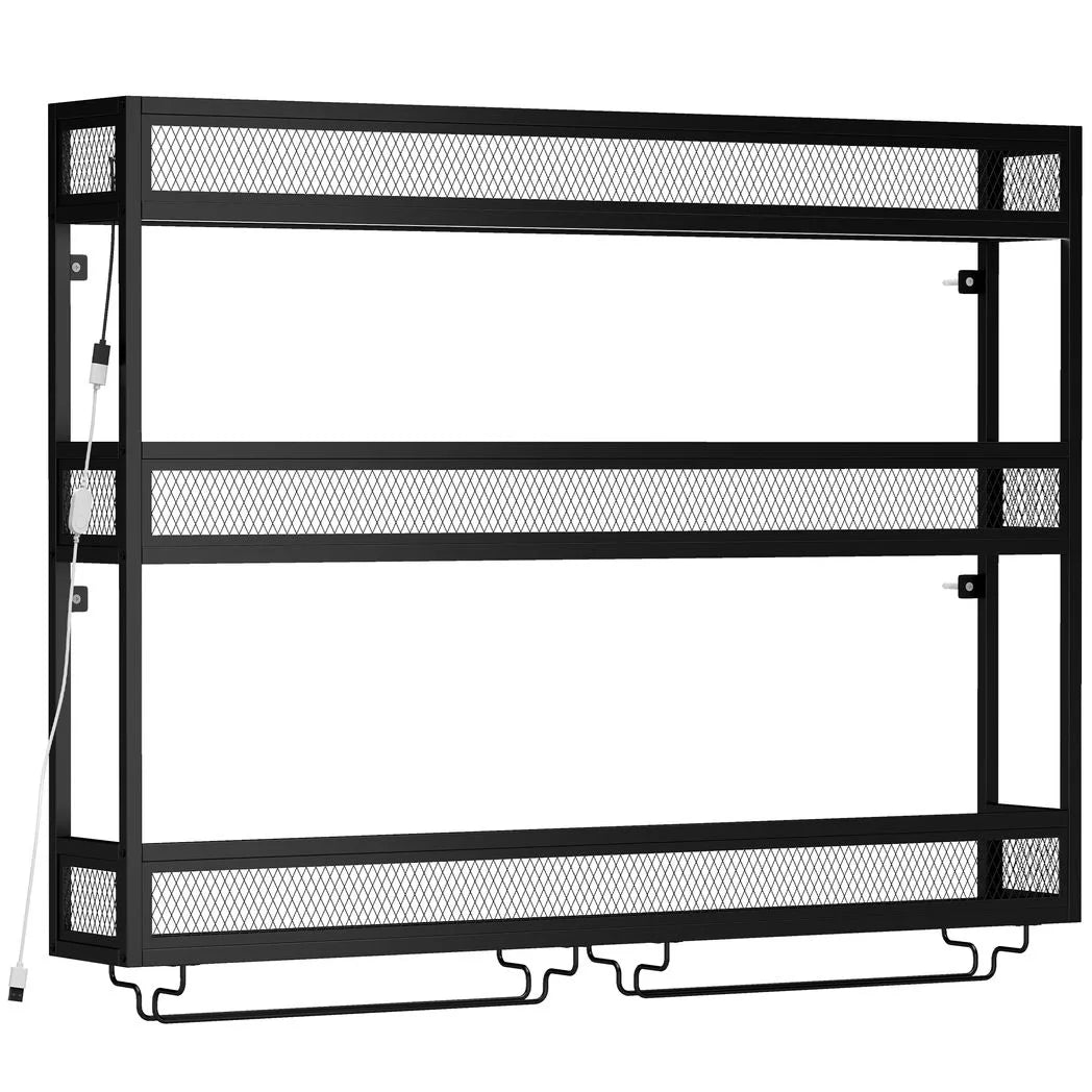 HOMCOM Wall-Mounted Wine Rack with LED Lights, Glass Holders and Open Shelf – Black Metal Rack for 36 Bottles