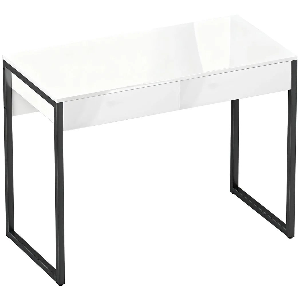 HOMCOM High Gloss Work Table with Two Handleless Drawers and Steel Frame – Home Office Desk, White